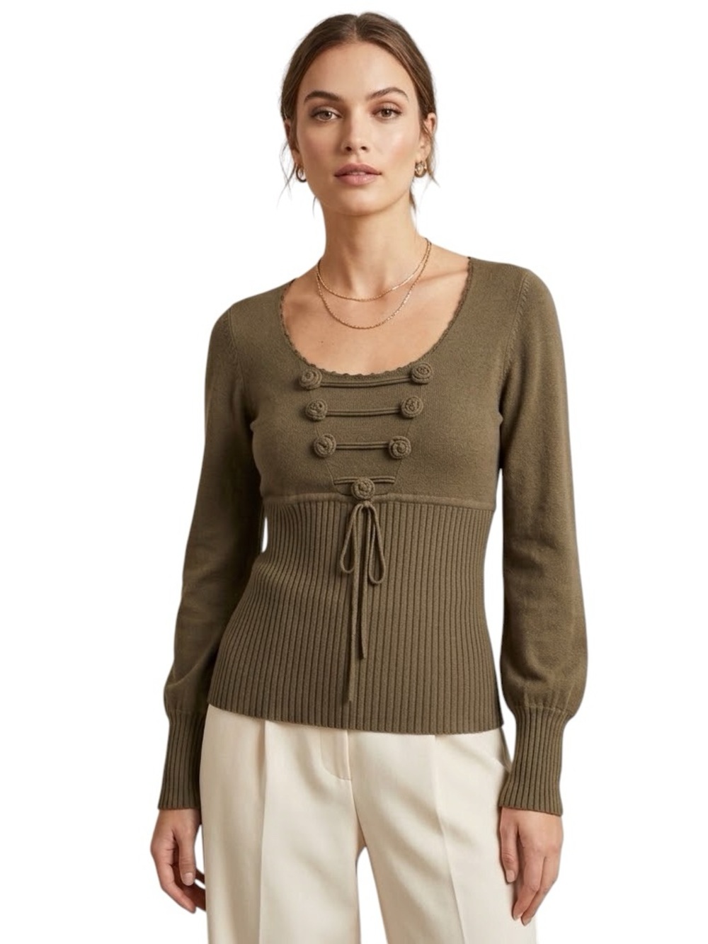 DKNY Jeans Brown Rib Knit Scoop Neck Sweater Metallic Detail | Size M